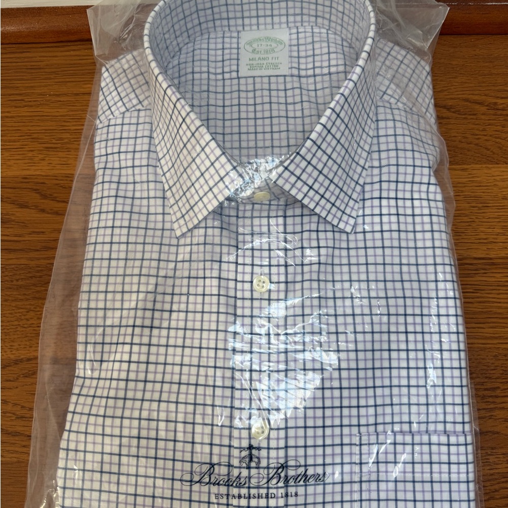 Brooks Brothers Men's White and Blue Grid Shirt - Milano Fit